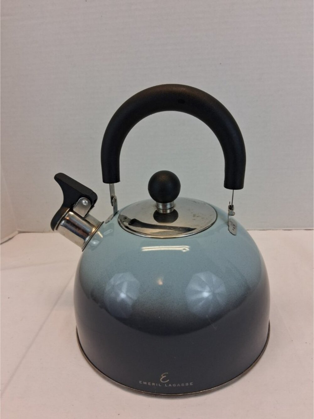 Emeril Lagasse 2 Qt. Whistling Tea Kettle Blue Gray Enamel Stainless Steel Base